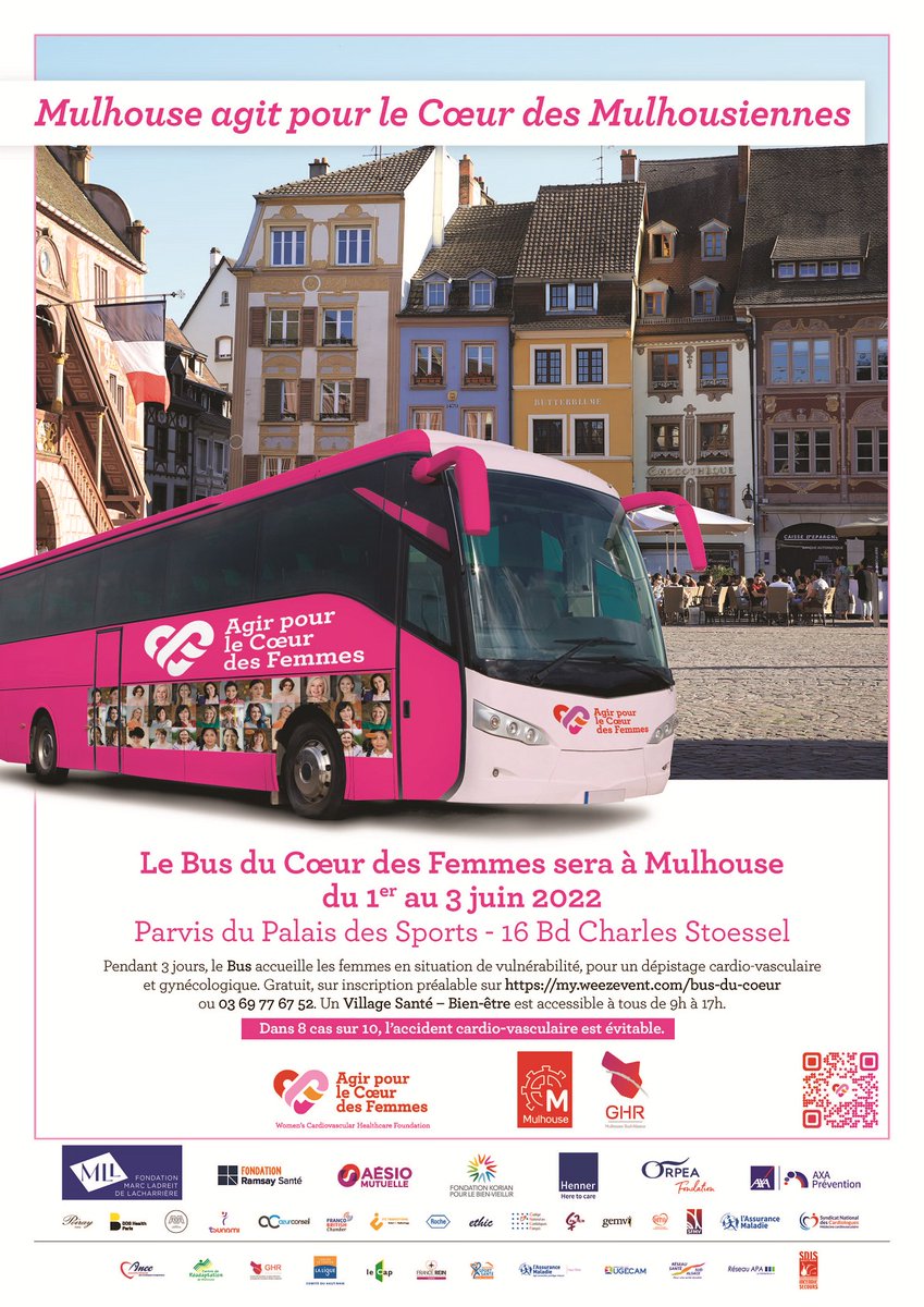 Bus du Cœur❤️
Une opération itinérante d’information, de #sensibilisation et de prévention sur les maladies cardio-vasculaires chez les #femmes, organisée par <a href="/ACF_WCHF/">Agir pour le Coeur des Femmes</a>
👉Le Bus du Cœur sera au Palais des Sports de #Mulhouse du 1er au 3 juin 🚌
RDV sur 🖥️ my.weezevent.com/bus-du-coeur