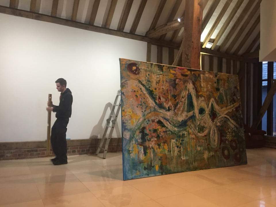 LauraJones_art's tweet photo. When you work is that large it needs a ladder and two men to hang it.
#freelance #commissionsopen #abstractexpressionism #megamansions #channel4 #sotherbys #TheTimes #hugeart #ArtistOnTwitter https://t.co/AaBwqOCted