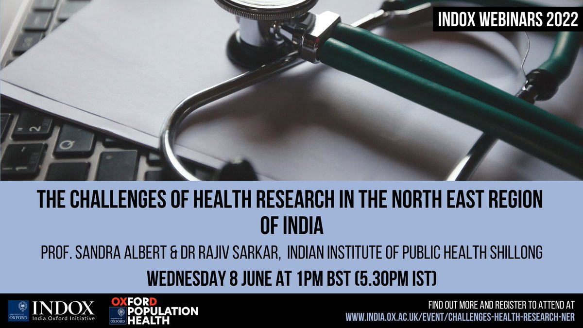 Join us for our next IndOx Webinar on 'The Challenges of Health Research in the North East Region of India'

With Prof Sandra Albert and Dr Rajiv Sarkar, Indian Institute of Public Health Shillong <a href="/IiphNer/">Indian Institute of Public Health Shillong</a> &amp; Dr <a href="/ToralGathani/">Toral Gathani</a> <a href="/Oxford_NDPH/">Oxford Population Health (OxPop)</a> 

🗓️8 June at 1pm

india.ox.ac.uk/event/challeng…