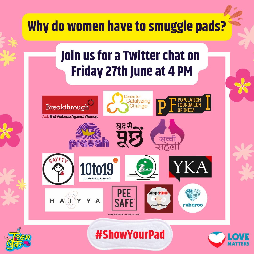 lovemattersinfo's tweet photo. The #ShowYourPad tweetathon begins in an hour. Are you ready to share your #PadSmuggling stories?@c3_india @PopFoundIndia @INBreakthrough @YouthKiAwaaz @PeeSafe @Pravah01 @IzadPatna @swasth_mahila @dasra @SachhiSaheli @RubarooHyd @SayftyCom @Haiyya_Act @TeenBookIndia1  #MHDay2022 https://t.co/WhE7ZHeePQ