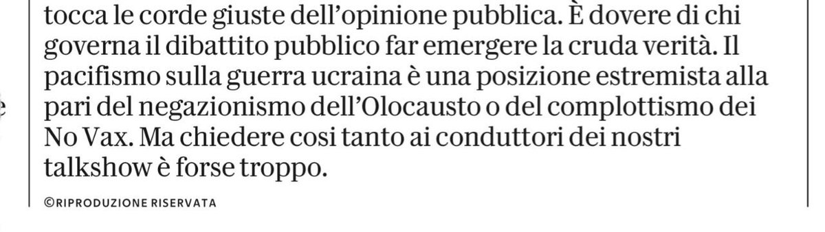 Reale_Scenari's tweet photo. #27maggio Piaccia o meno italiani (che non amano Putin) sono per soluzione diplomatica guerra Ucraina. E Repubblica che fa? Ospita editoriale in cui paragona "falsi pacifisti" a novax e (novità) addirittura a negazionisti olocausto. Circuiscono italiani grazie ai talk. Da brividi https://t.co/GRYGxPupsI