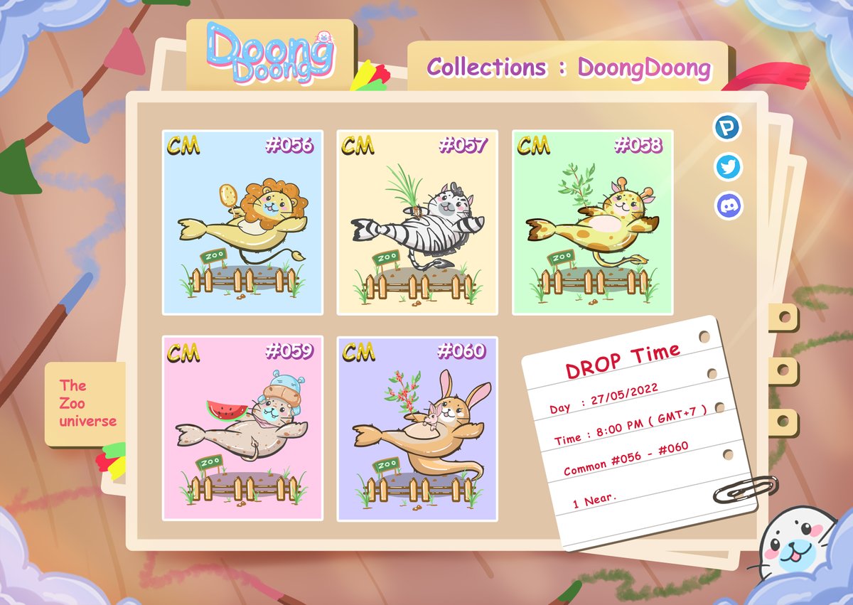 📢 Drop set. DoongDoong Zoo @ParasHQ 
- this zoo Let's see if Doong What do these different species like to eat?

📅 วันที่ 27/05/2022
⏰ Time : Time : 8:00 pm(gmt+7)
- Common #056 -#060
- 1 Near.

👉paras.id/collection/doo…
👉discord.gg/YptWcx4GfT

#NFT #PARASnft  #NFTCommunity