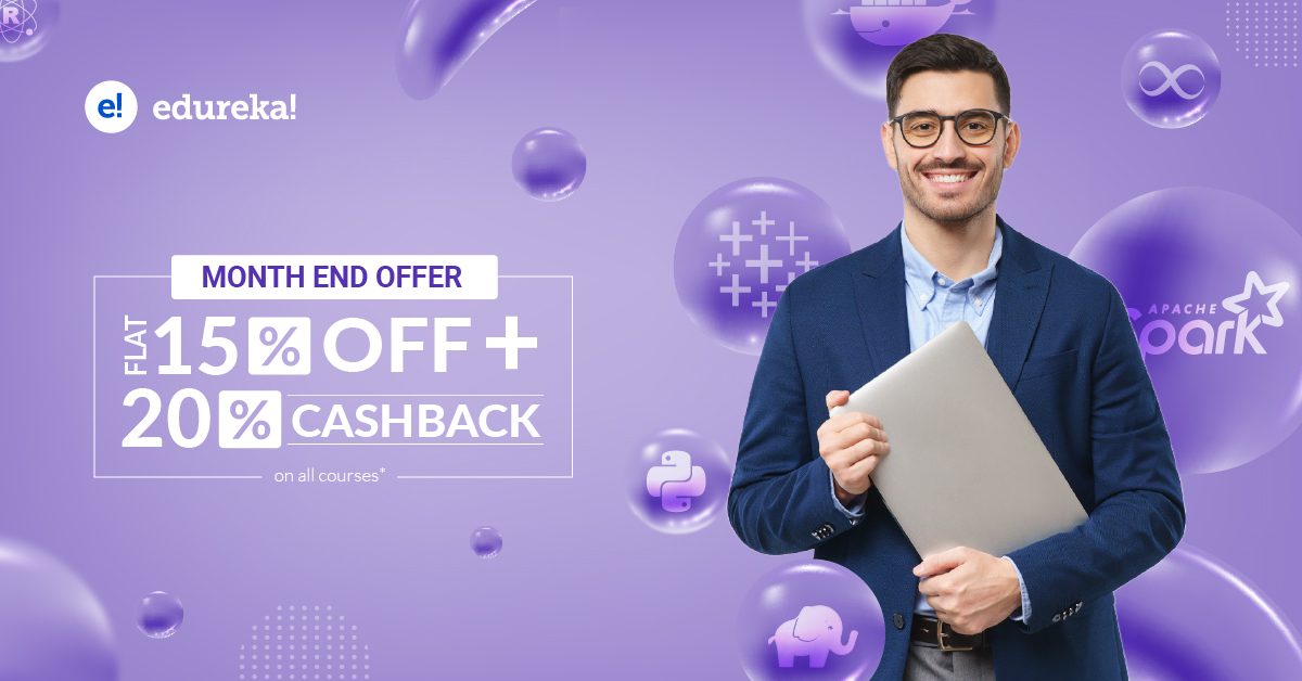 edurekaIN's tweet photo. We have an exciting announcement for all the tech geeks. Our Month End offer is here. Flat 15% off + 20% cashback on all courses from 27th May to 28th May. Avail this amazing offer @ https://t.co/m5c07FpwLP. Do not miss this opportunity.
.
.
.
#Learnwithedureka #Offerpost #Sale https://t.co/cM1UdeDV3T