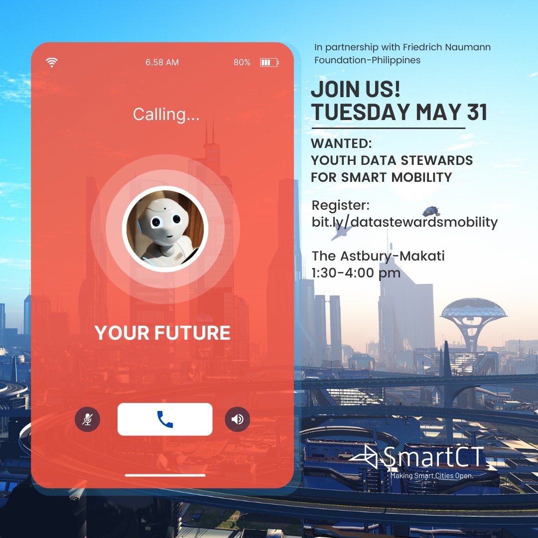 SmartCTorg's tweet photo. Wanted: Youth #DataStewards for #SmartMobility
In partnership with @FNFPhilippines envision the future of smart mobility with us!
REGISTER FOR FREE! ➡️ https://t.co/IzmsKeqUo6
⬆️ The Astbury, Poblacion, Makati City
🗓 May 31, 2022 | Tuesday
⌚️ 1:30 - 4:00 PM https://t.co/shAfvz54sW