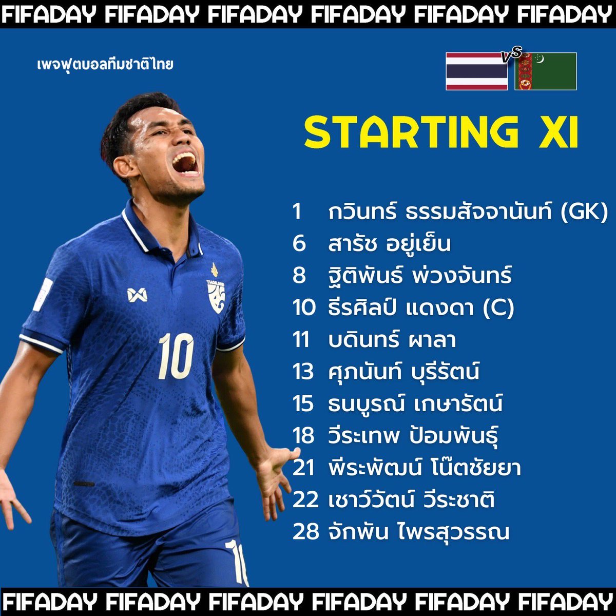 BigsuAction's tweet photo. #lineup 11 ผู้เล่นตัวจริงทีมชาติไทย การแข่งขันฟุตบอลอุ่นเครื่องตามปฏิทินฟีฟ่า เดย์ https://t.co/RPdcaJbyHW