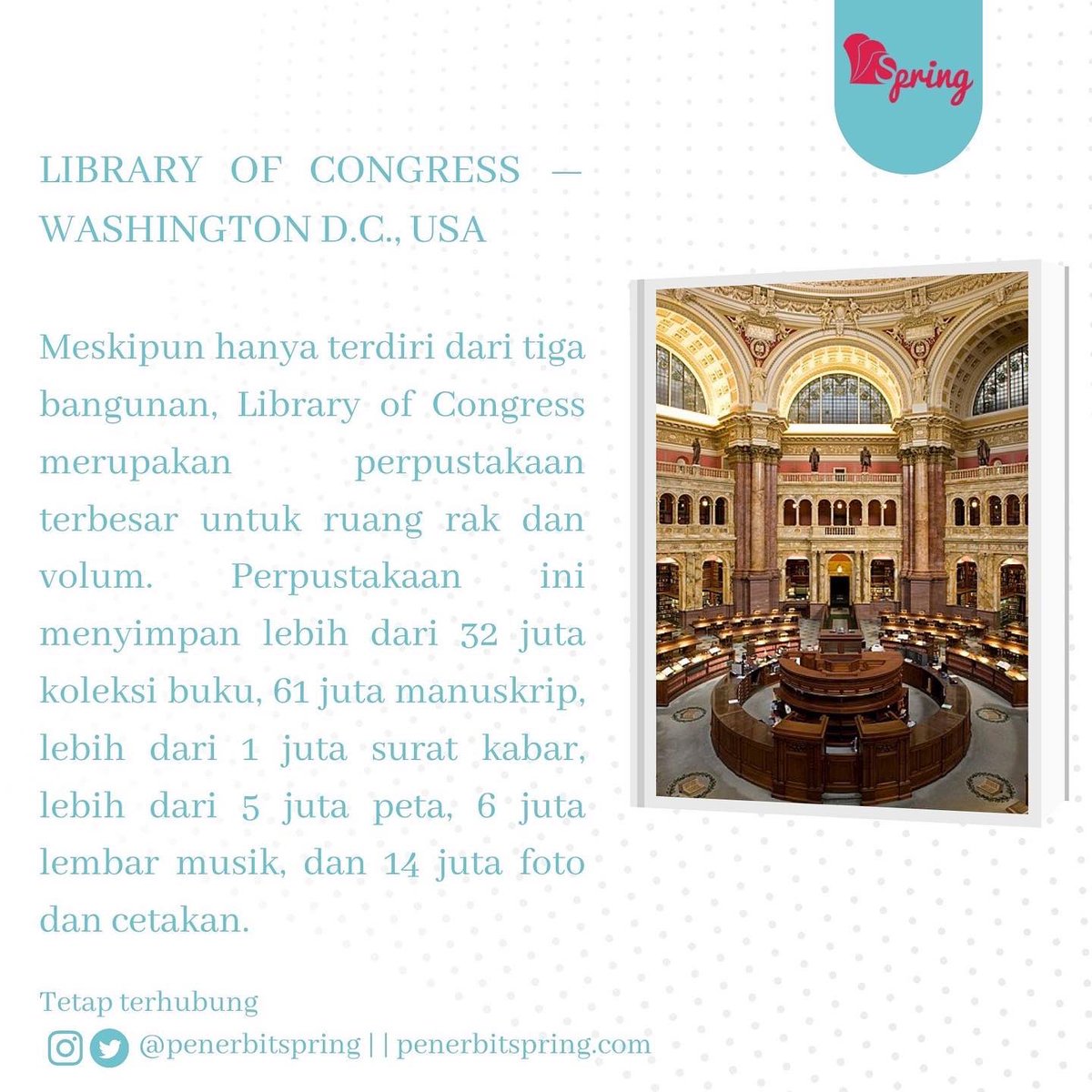 penerbitspring's tweet image. Kira-kira, temen-temen pernah belum dateng ke salah satu dari ke-5 perpustakaan terbesar di dunia ini? Jika belum, perpustakaan mana yang ingin sekali teman-teman kunjungi?

Kalau Paus Spring si semuanya😆

#triviaspring #springfication #penerbitspring