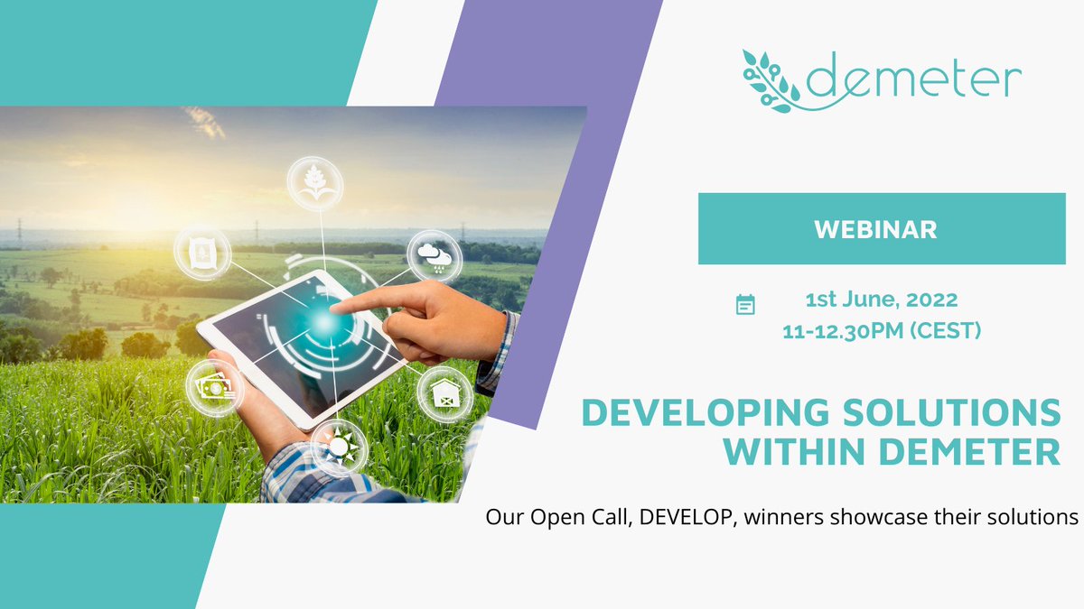 WaltonInst's tweet photo. Join the @H2020DEMETER webinar to hear from the #agtech #startup & #SME winners of Open Call #1 DEVELOP 🌱
Challenges addressed 👉 #soilhealth #blockchain #isobus #geotagphoto #businessprocessintegration
📅June 1
⏲️11 -12:30 CEST
➡️Information & Register https://t.co/PGMXK5T2zH https://t.co/kE1BHLlOuM