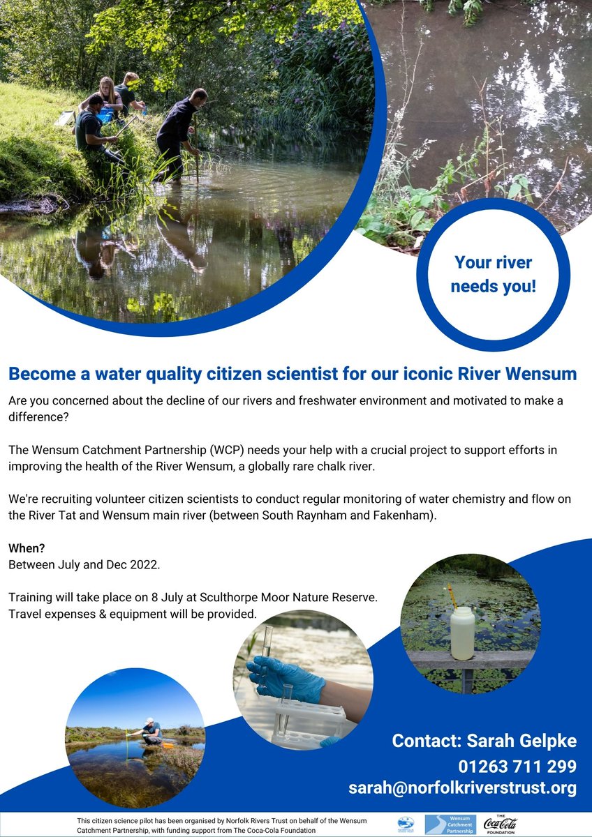 The #WensumCatchmentPartnership need your 
help with an exciting #CitizenScience project launching this July '22! Find out more and sign up 👇

bit.ly/38NGMv9

Places are limited so be quick📝
