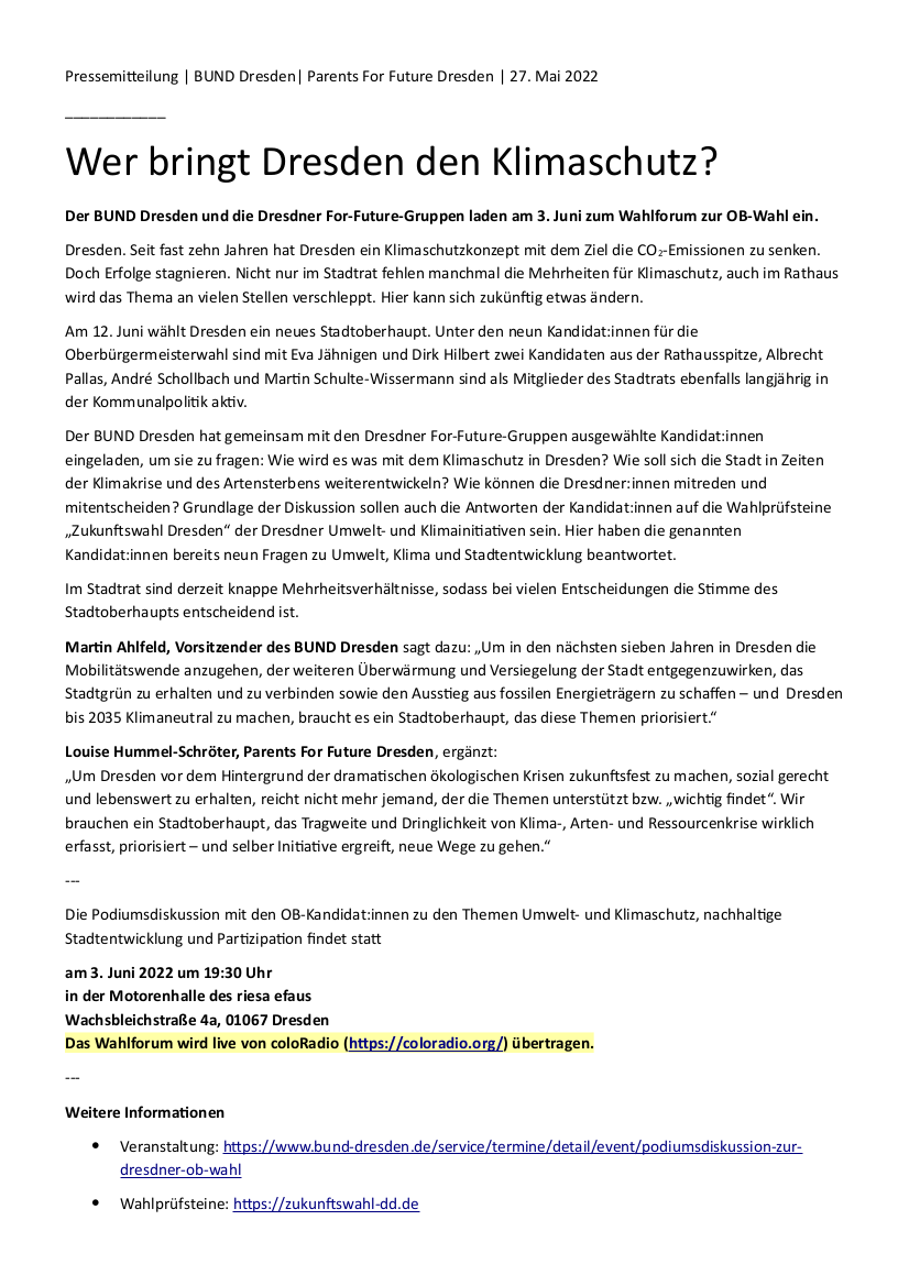 ❓Wer macht #Dresden zukunftsfest❓ Wahlforum der Klima- und Umweltbewegung zur #OBWahlDD❗
👉 3.6. I 19:30 I Motorenhalle des riesa efau, Wachsbleichstr. 4a
➕ wir haben einen 👂Livestream von <a href="/coloradiodd/">coloradio</a> 💚 1/x