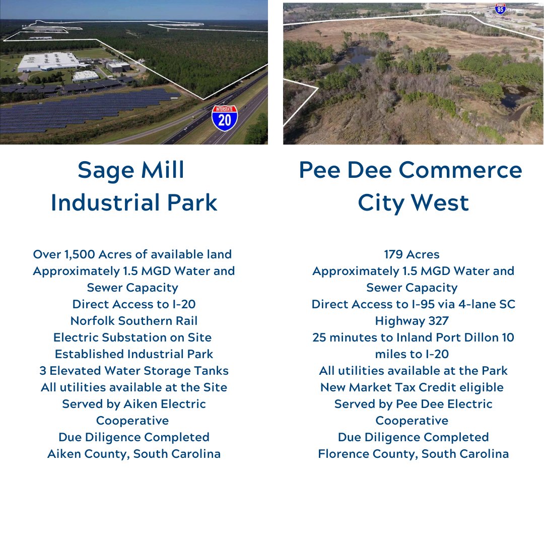 SCpowerteam's tweet photo. These #FeaturedProperties powered by South Carolina's Electric Cooperatives have what it takes to power your business. With large water & sewer capacities, ideal locations and talented local workforces, industries can thrive and still have room to grow. https://t.co/RXW2gi2zUx https://t.co/ob3G5F917V