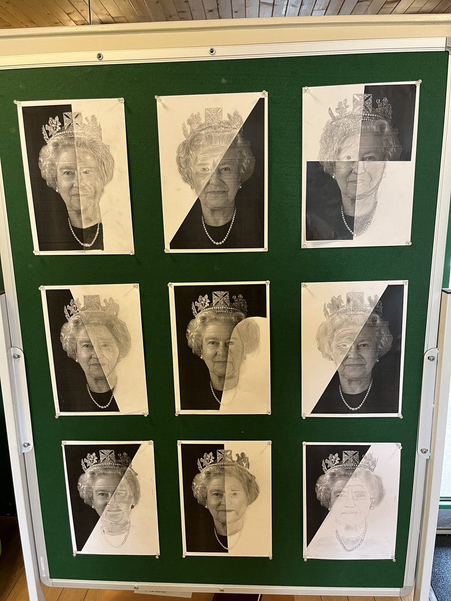 TGAStJames's tweet photo. How talented are our Year 6 artists? Wonderful portraits of her majesty to commemorate the jubilee #PlatinumJubilee #year6 #TGAT #QueenElizabethII #artists https://t.co/ZUnycApSsk
