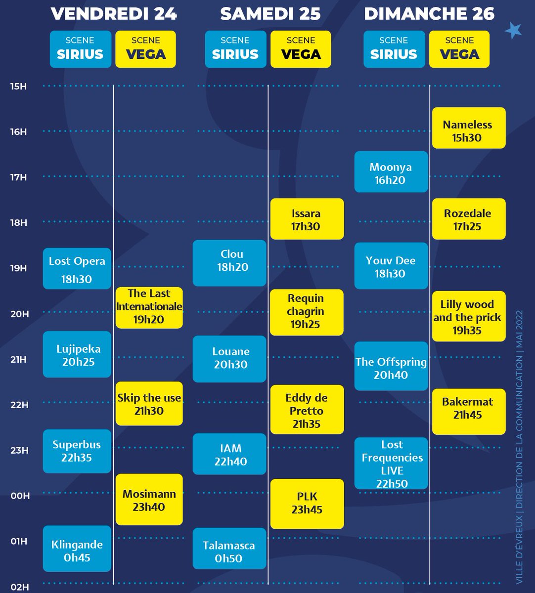 RockinEvreux's tweet photo. 🌈 TIME-TABLE 2022🌈 
Vous l'attendiez, elle est là 🔥 
Rendez-vous ce week-end pour 3 jours de folie 😍 
👉 2 scènes 🔊 
👉 + 23 artistes ☄️ 
👉 un écran géant ✨ 
👉 Show lights &amp; pyrotechniques 💥 https://t.co/4HV974PiQ9
