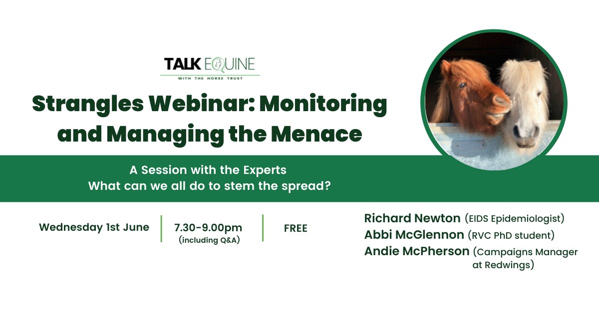 StranglesWeek's tweet image. We're pleased to support a fantastic Strangles webinar hosted by @horsetrust 💛

The webinar is on Wednesday 1st June and is FREE to attend. You can register your place here: us02web.zoom.us/webinar/regist…

#SAW2022
#StampOutStrangles