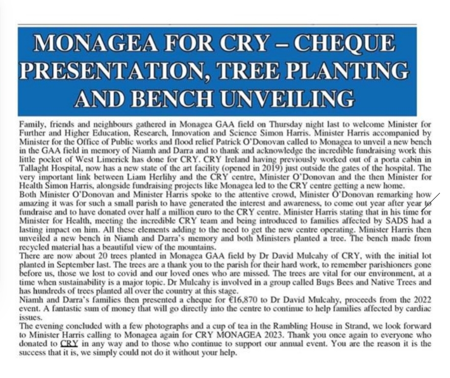 CRYIre's tweet photo. Great coverage in the #WeeklyObserver #Limerick covering the unveiling of the memorial bench in #Monagea, RememberingNiamhAndDarra.
Huge thanks to @SimonHarrisTD @podonovan & Dr. David Mulcahy for joining the Herlihy & O'Donovan-Scanlan families on the night.
#MonageaForCRY https://t.co/p51xffwm1I