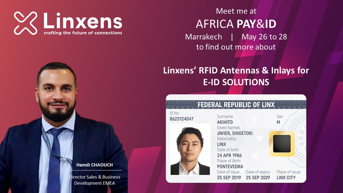 Linxens's tweet photo. Please IM #Hamdi Chaouch who will be at #Africa Pay & ID if you would like to find out more about #Linxens' RFID Antennas & Inlays for E-ID Solutions.
#LinxensInside #TopOfTheWallet https://t.co/eHv25zZxIf
