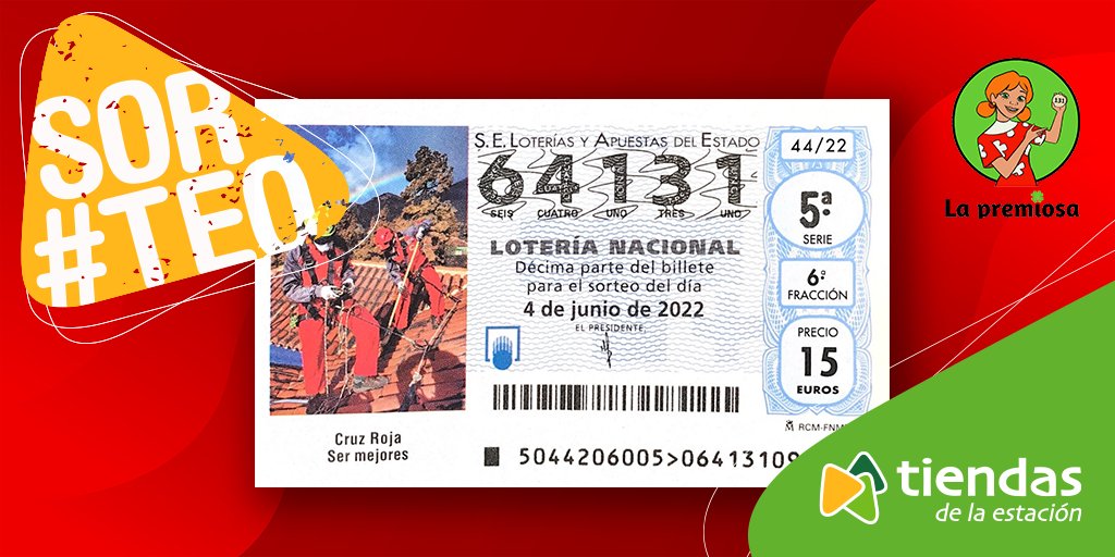 tiendasestacion's tweet photo. ¡Sorteamos un décimo de lotería junto a @lapremiosa! 🥳

Participa y gana una participación para el sorteo especial de la @CruzRojaEsp del 4 de junio 🍀

➡️Sigue a @tiendasestacion y @lapremiosa 
➡️Menciona a un amigo.
➡️Haz RT. https://t.co/lgsM4cy3Vh
