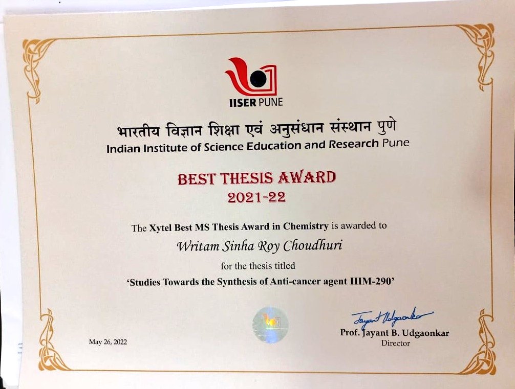 Writam SR Choudhuri (@writamc) on Twitter photo Thank you <a href="/IISERPune/">IISER Pune</a> for awarding me the best MS thesis award in chemistry. Could not have been a better parting gift. Thank you <a href="/IISERPune/">IISER Pune</a> for awarding me the best MS thesis award in chemistry. Could not have been a better parting gift.