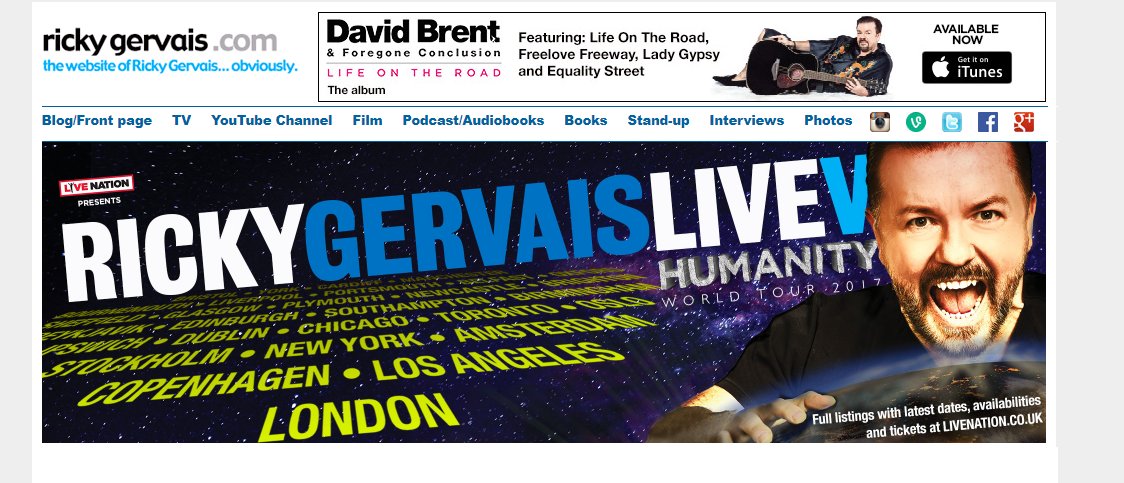 itguyjames's tweet photo. Hey Rick (@rickygervais) your website is out of date. According to your home page we can get tickets for Humanity in 2017. I'd love to travel back in time and get tickets. I'd also go back to the 80's and stick a wager on 'women having penises' from 2020 imagine the odds? https://t.co/VkLn4zjfga