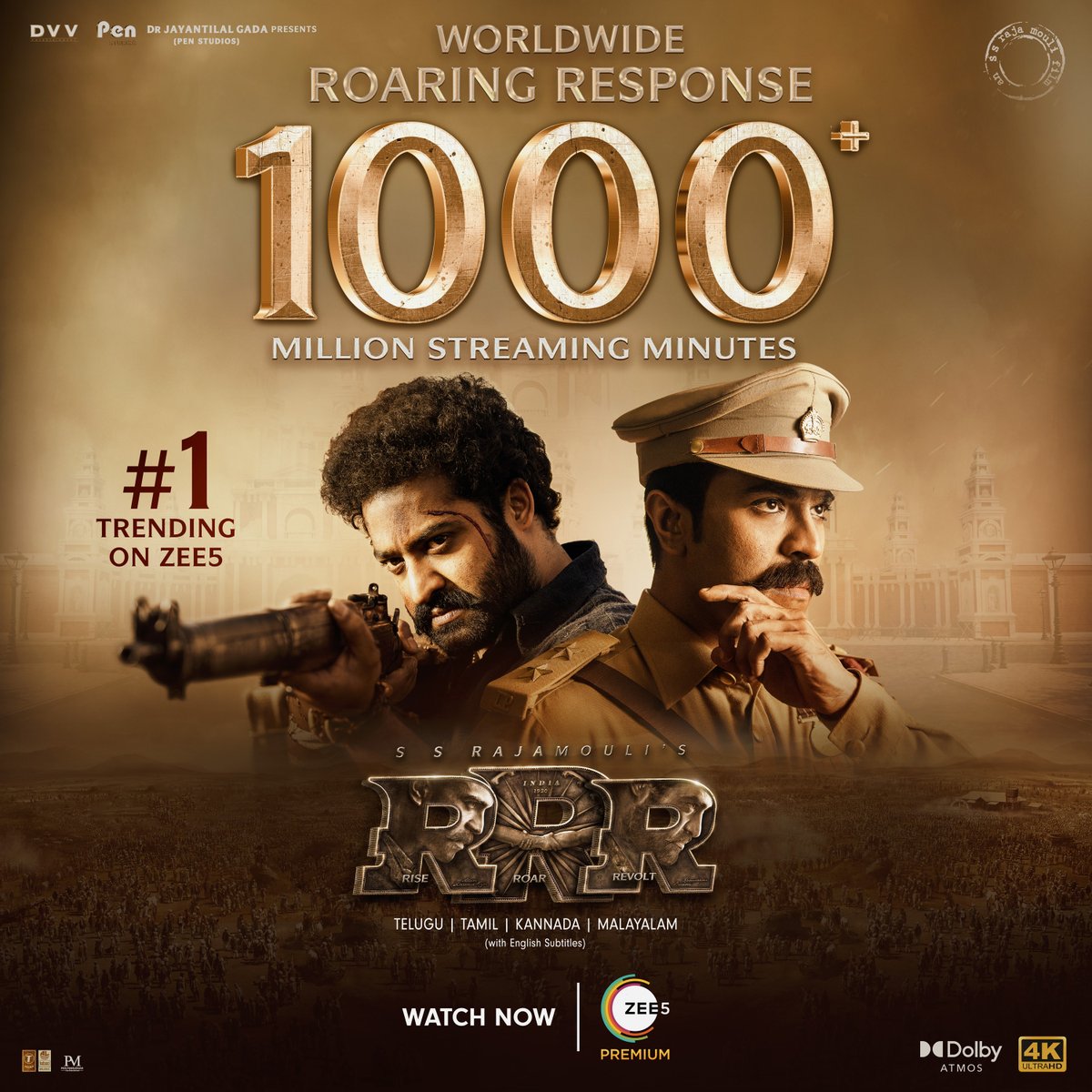 CineTimee's tweet photo. #RRRMovie ! On Zee 5 Reached 1️⃣0️⃣0️⃣0️⃣ Million Streaming Minutes !

➡️ https://t.co/yX71tAQZhC

#RRRoaring ! #RRRonZEE5 ! #RRRoaringonZEE5 !
#TrendingonZEE5 ! #ZEE5RRRampage ! #CineTimee ! https://t.co/OQF1x0Nz2C