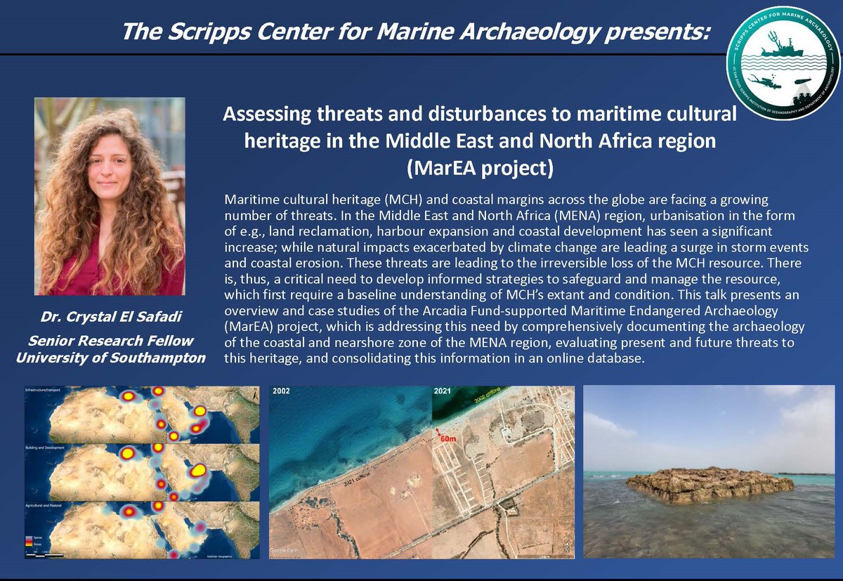 Our own <a href="/Crystalsafadi/">Crystal Safadi</a>  will be speaking today for the <a href="/Scripps_Ocean/">Scripps Institution of Oceanography</a>  Centre for Maritime Archaeology, UC San Diego, about the work we and our partners and consultants have been doing across the MENA to assess&amp;document threats and disturbances to #maritime #cultural #heritage.