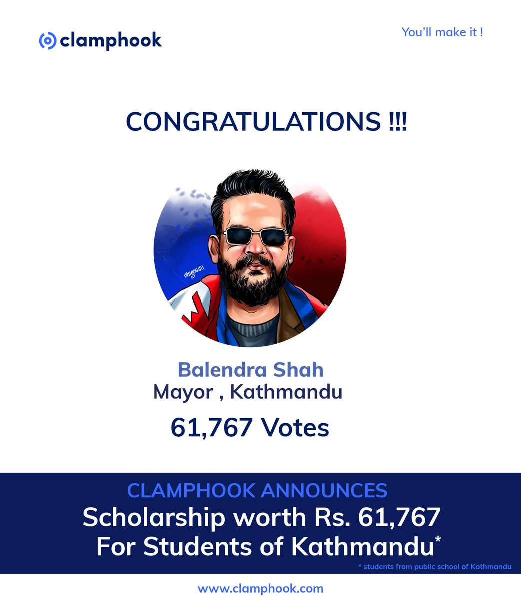 _DPesque's tweet photo. To celebrate the success of fellow Engineer Balendra Shah as Mayor Elect of Ktm Metro Clamphook Announces Scholarships worth Rs. 61,767 (the total votes Balen recieved) to Students in need from public schools of Ktm in our Engineering Entrance Preparation.
#BalenforMayor #Mayor https://t.co/w3TPP20AaO