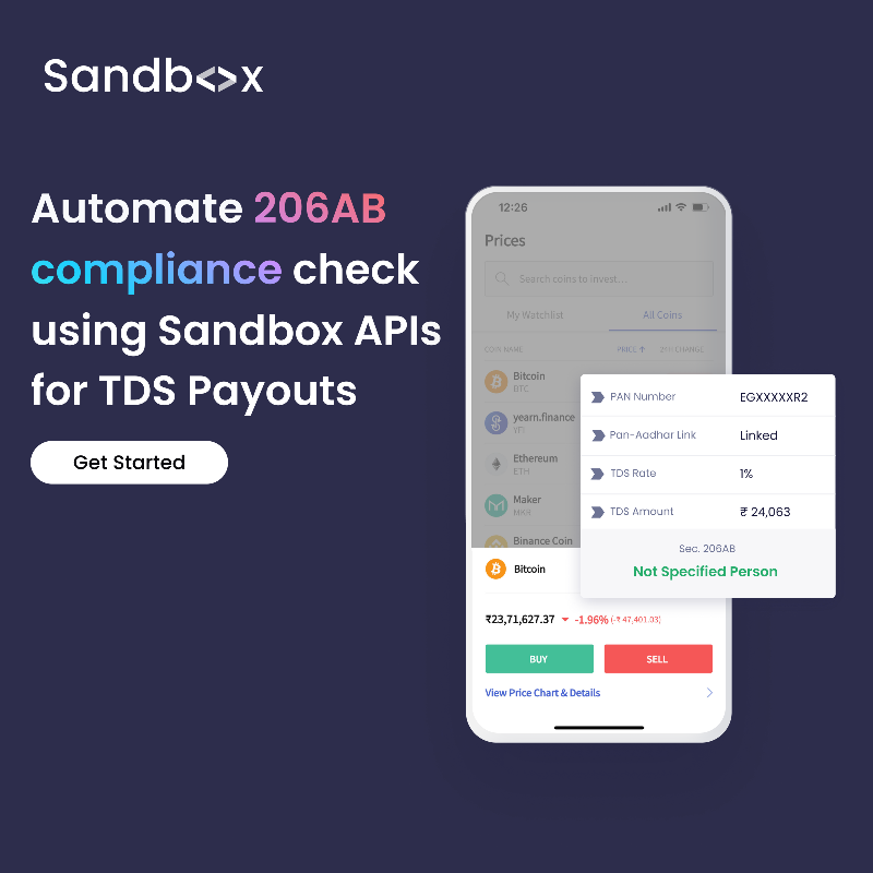 sandbox_api's tweet photo. From 1st July Crypto exchanges &amp; brokers must deduct TDS on sale of virtual digital assets u/s 194S of the Income Tax Act

Additionally, the Finance Act of 2021 mandates Crypto players to deduct higher TDS from specified persons u/s 206 AB

Read API Docs: https://t.co/GlQ3l4vmf2
