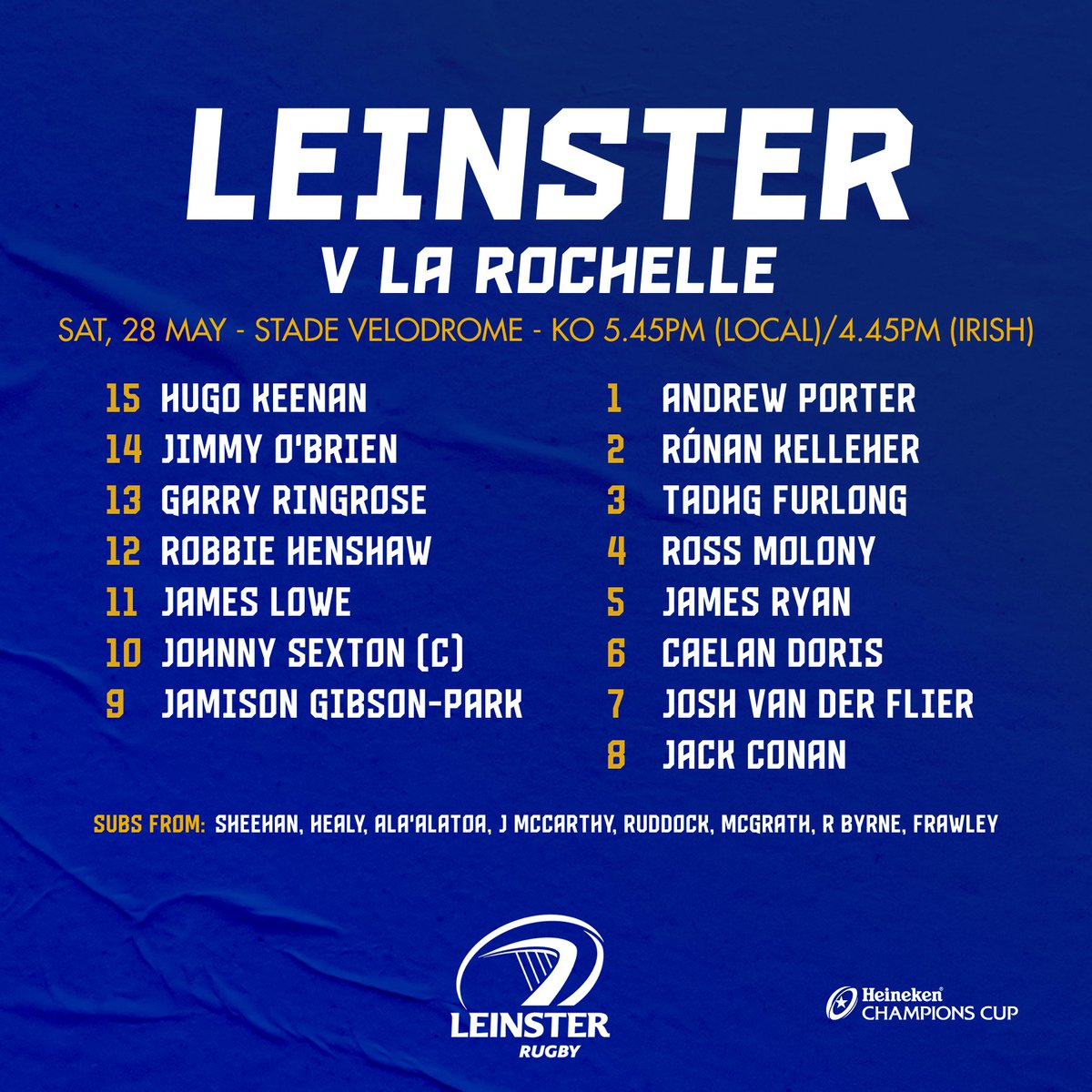 leinsterrugby's tweet photo. 🚨 | 𝗧𝗵𝗲 𝗹𝗶𝗻𝗲𝘂𝗽...

5️⃣0️⃣ @ChampionsCup games for @henshawrob 
1️⃣0️⃣0️⃣ #LeinsterRugby apps for Ringrose
1️⃣0️⃣0️⃣ European games for @ProperChurch 

Here is your #LeinsterRugby team 👇

#LEIvSR #HeinekenChampionsCup https://t.co/B7rt0PDefq