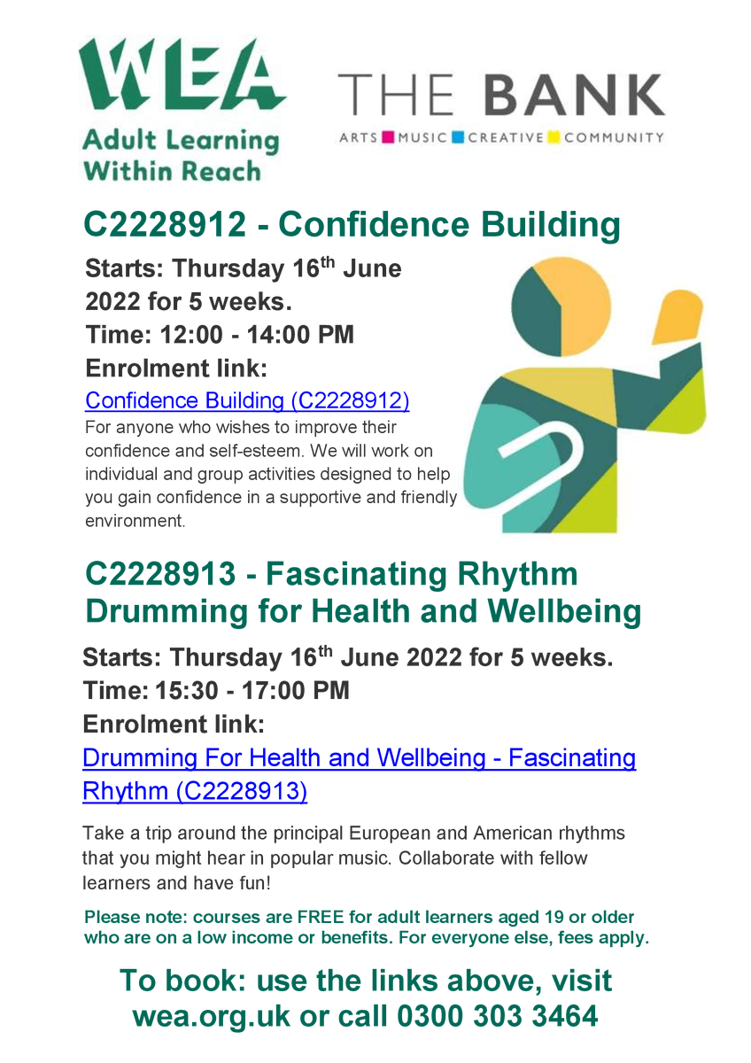 coates_damion's tweet photo. Face-to-Face WEA courses available @TheBankEye in #Eye #Suffolk, #suffolkcounty #Norfolk borders #Diss. #confidence #confidencebuilding #drumming #healthandwellbeing #mindfulness #socialprescribing #pleaseshare

https://t.co/jlFzuflnND

https://t.co/bFhLvwNxMT https://t.co/857TEW7vKJ