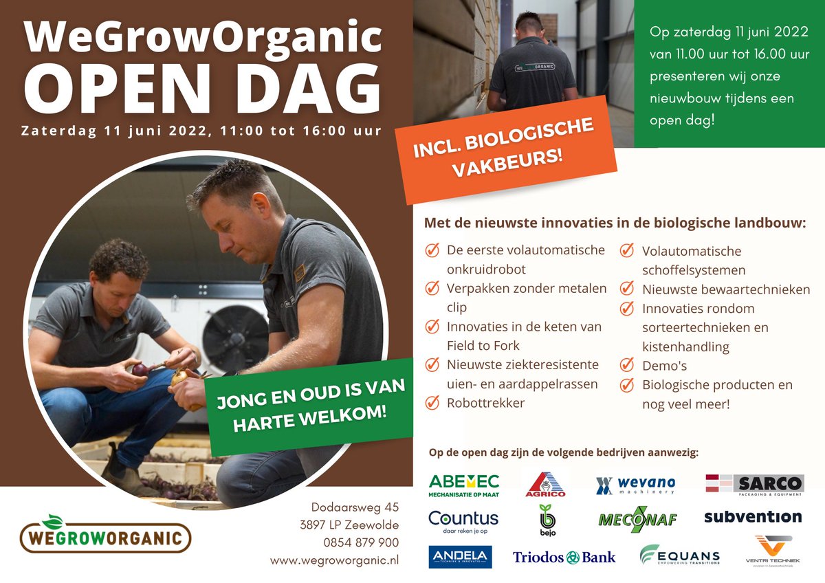 Van harte welkom op ons bedrijf op zaterdag 11 Juni! We laten ons bedrijf zien en hebben samen met onze partner bedrijven een beurs georganiseerd waar we alle innovaties laten zien in de biologische landbouw. Interessant voor conventioneel en bio #LetsGrowTogether
