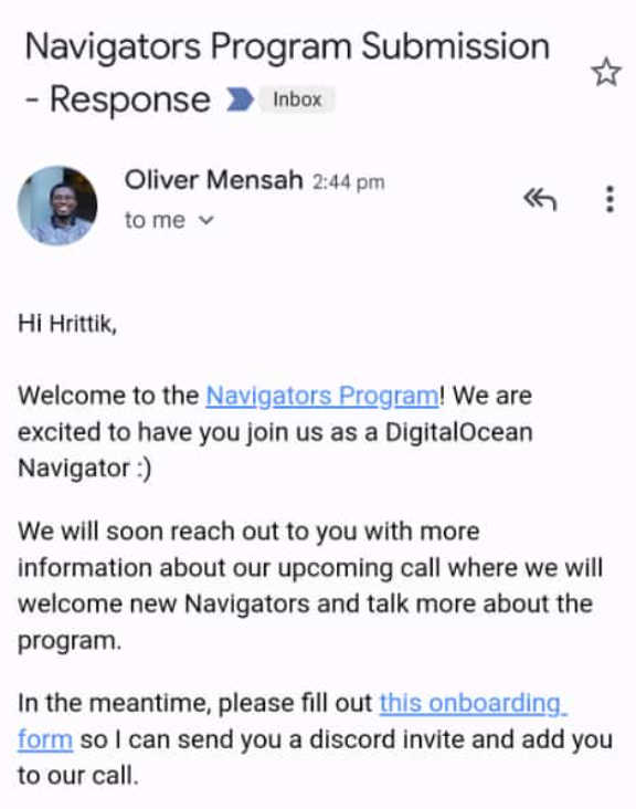 hrittikhere's tweet photo. So I am a @digitalocean Navigator now๐คฏ
Cheers to @masonegger for recommending me the program๐ฅฐ
#DONavs #digitalocean #navigator https://t.co/KR3HgCWpda
