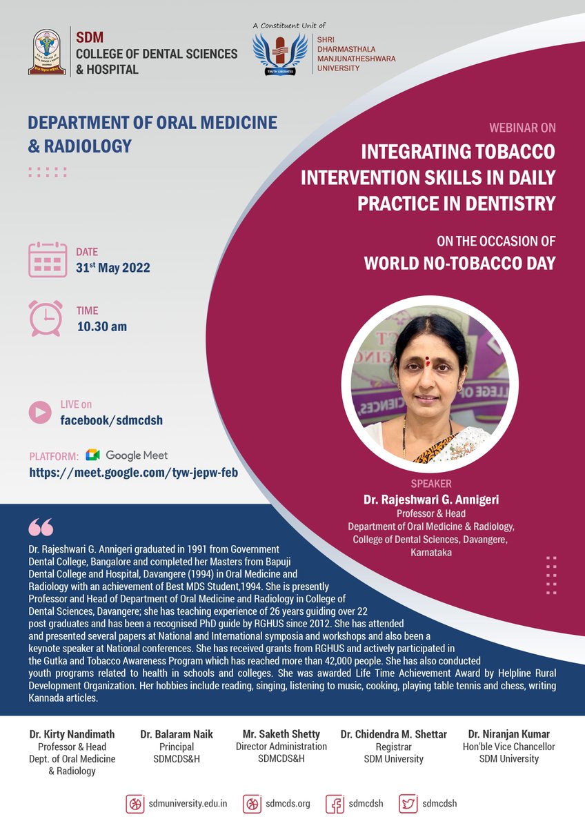 sdmcdsh's tweet photo. Webinar -“Integrating Tobacco Intervention Skills in Daily Practice in Dentistry”
On the Occasion of World No-Tobacco Day
#sdmcdsh #sdmuniversity #sdmcmsh #sdmphysiotheraphy #sdmites_dharwad #sdmribs #sdmnursing #WorldNoTobaccoDay #omdr #hublidharwad #who #worldhealthorganization https://t.co/AiJrT6JLhy