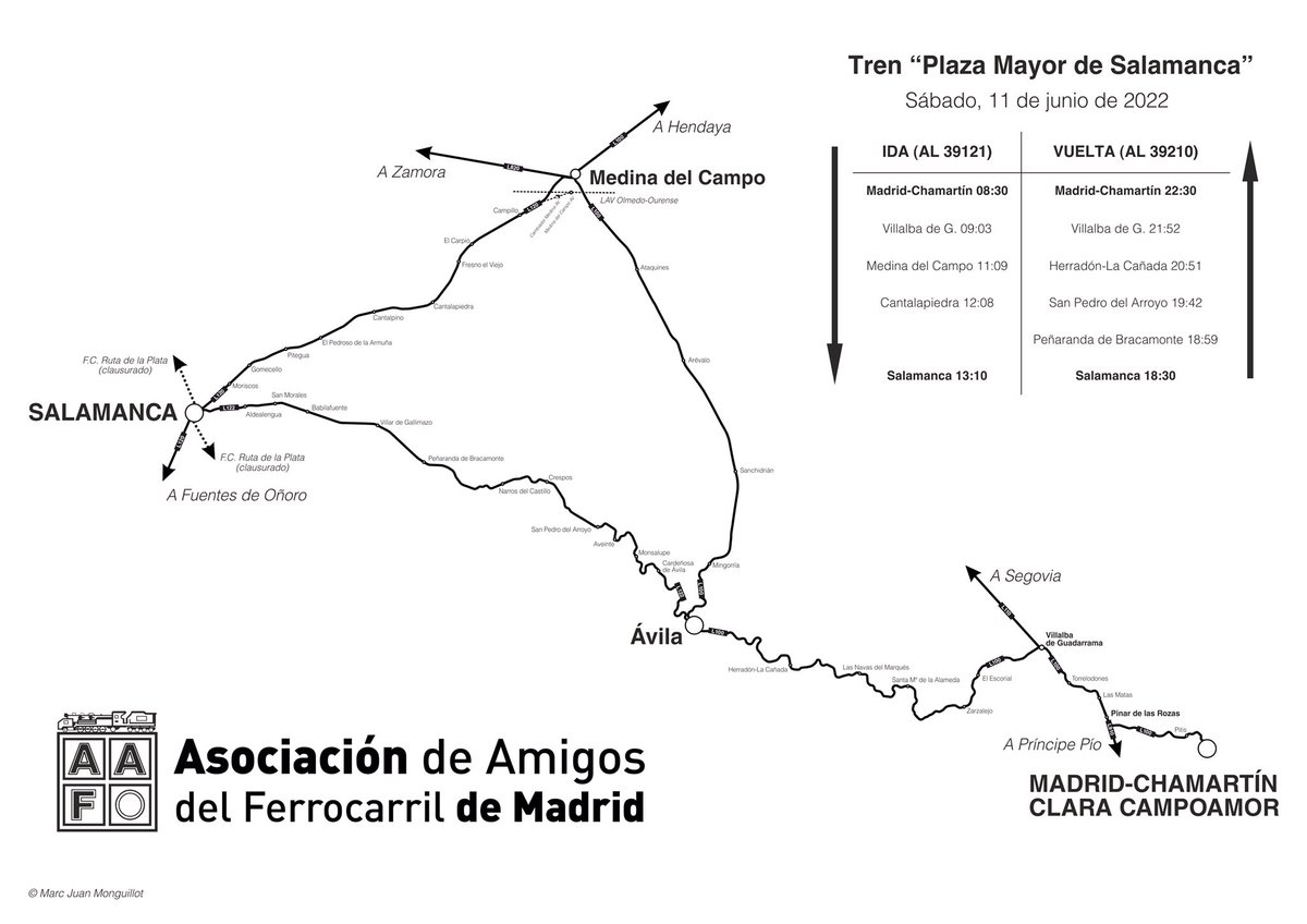 El próximo 11/06, visitaremos la ciudad del Tormes a bordo del #TrenPlazaMayordeSalamanca

Pero como lo importante no es sólo el destino, haremos un recorrido especial, yendo a la ida por Medina y a la vuelta por Peñaranda y Ávila

¿Te lo vas a perder?

ℹ️ bit.ly/3wRA7Jl