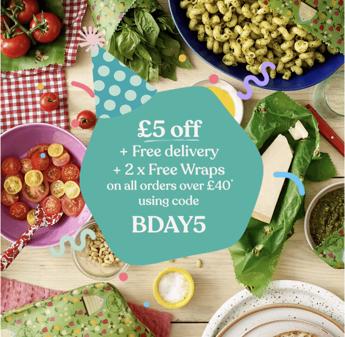 Our Birthday Finale 🥳 Save £5 + Receive 2 x Free Wraps and Free Delivery with code BDAY5 🎉 on all orders over £40 Offer ends Tuesday, don't miss our super celebrations! beeswaxwraps.co.uk #beeswaxwraps #ecoshop #sustainableswap #birthdayoffer