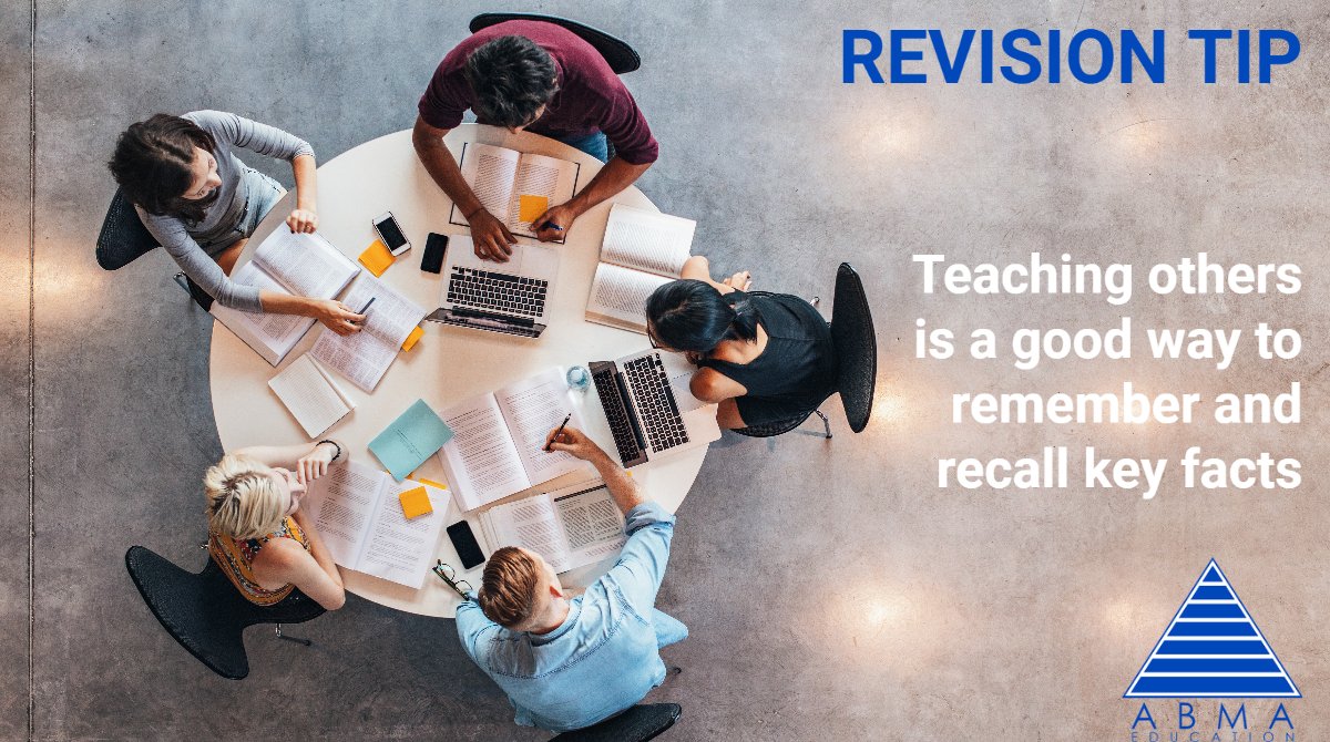 ABMAEducation's tweet image. Revision Tip: A good technique is to explain key points to another person. Teaching others is a good way to remember and recall key facts. For more help with your revision go to the Members Area, FREE to all ABMA learners. abma.uk.com/login-register/ #abma #education #revisiontip