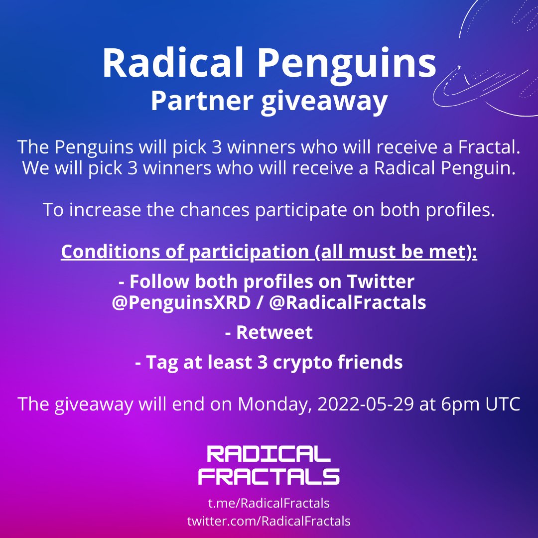 RadicalFractals's tweet photo. Together with our friends @PenguinsXRD we start a flash giveaway.
Use the chance to win a fresh penguin or a juicy fractal.
Please read the instructions in the image carefully.
All conditions must be met.

#RadicalFractals
#RadicalPenguins
#fractalLove
#pengulife
#Nft
#RadixNft https://t.co/tThX5P8YUr
