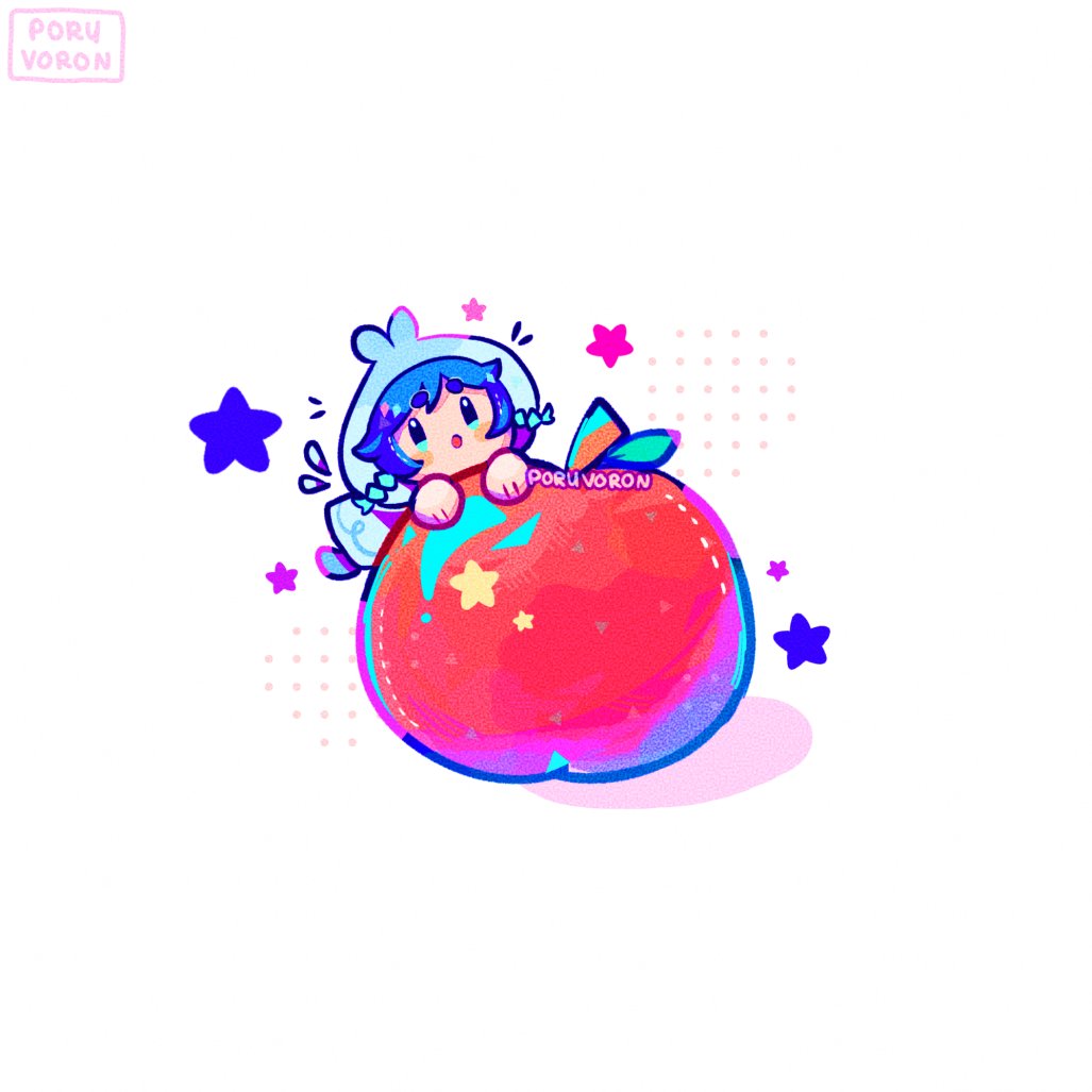 1girl solo blue hair star (symbol) food apple white background  illustration images