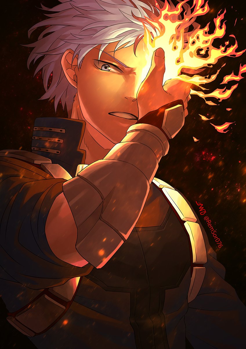 1boy male focus fire white hair solo upper body embers  illustration images