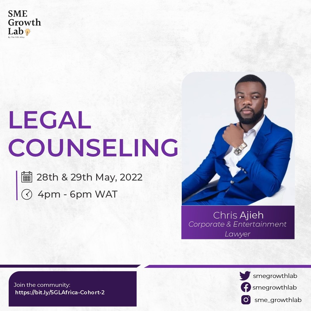 smegrowthlab's tweet photo. We'd be having Chris Ajieh @justchrisaj with us this weekend.
Chris is a seasoned corporate and entertainment lawyer, and he'd be educating participants on business contracts, securing business permits and a lot more.
#SMEGrowthLab #SGLAfrica https://t.co/juV8h8jgOY
