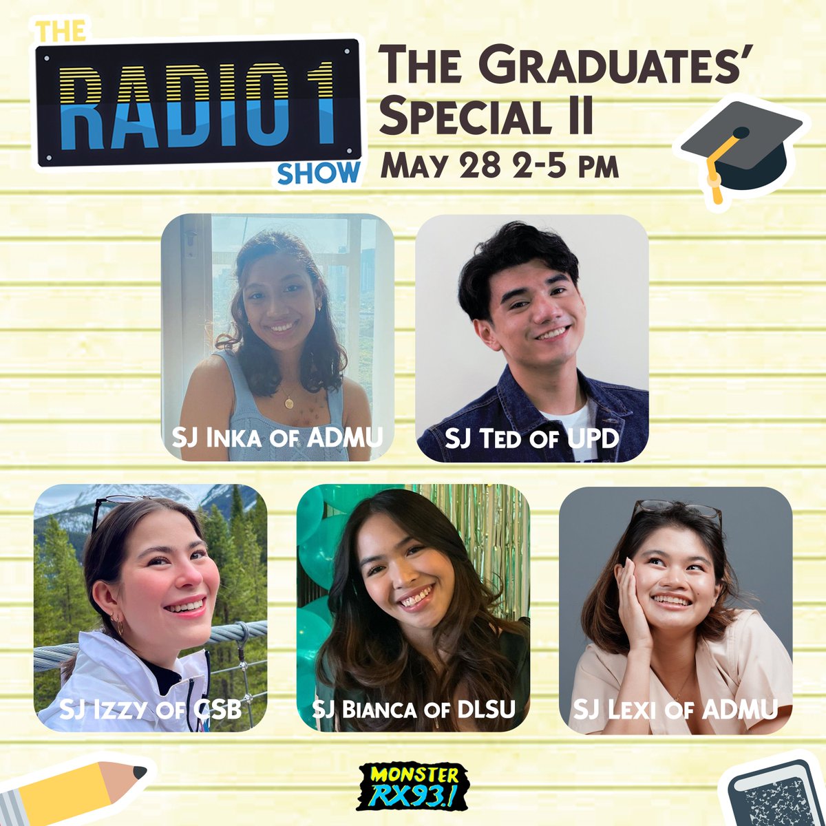 RXRadio1's tweet photo. Just one last time 🎙️

Join our Radio1 grads, SJs Inka, Ted, Izzy, Bianca and Lexi for one more Radio1 Show tomorrow from 2-5pm! 🎓

For more of Manila’s hottest student jocks, keep it locked on the Monster! 👾

#IAmAMonster
#ThisIsRadio1 https://t.co/FoSJfa1Yx7