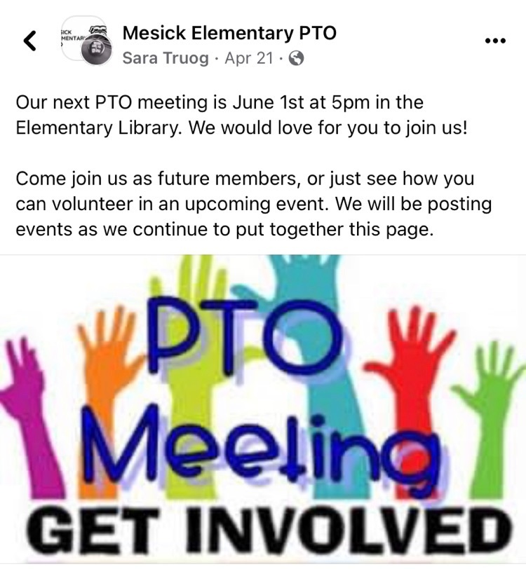 MesickSchools's tweet photo. Did you know Mesick has a PTO looking for fresh faces and parent volunteers?! At Mesick Schools, one of our missions is to be involved in the community, this includes parents! Pop over to the Mesick Elementary PTO page for more information. Next meeting June 1st! https://t.co/tfx8UNd56y