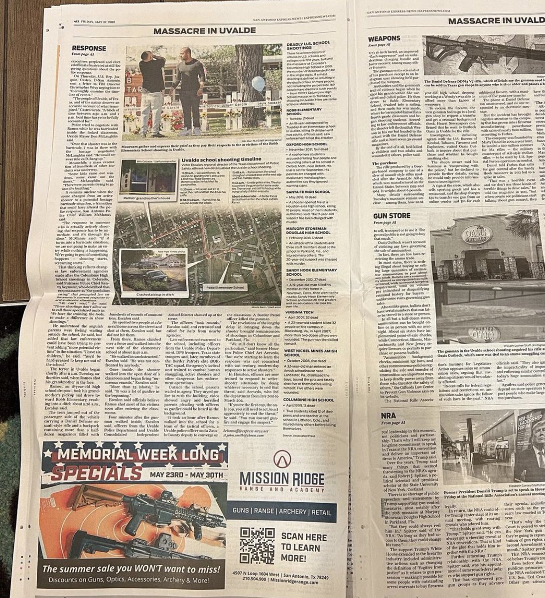 MarkieMartin's tweet photo. Absolutely grotesque ad placement in today’s San Antonio Express-News. An ad for a Memorial Day gun sale “you want want to miss” along with the front page story of the Uvalde massacre.

Photo taken by my producer. https://t.co/nLs37lDlU3