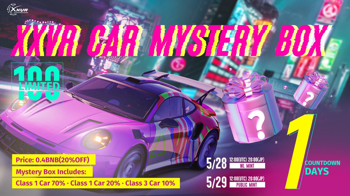 #XXVR CAR MYSTERY BOX🎁

／／
明日リリース🎊
RELEASE IN TOMORROW‼️
＼＼

100LIMITED
Don’t have a Car #NFT yet?
Start your Racer #playToEarn Metaverse Journey with XXVR🏎

#仮想通貨 #NFTGame #GameFi #Metaverse #メタバース