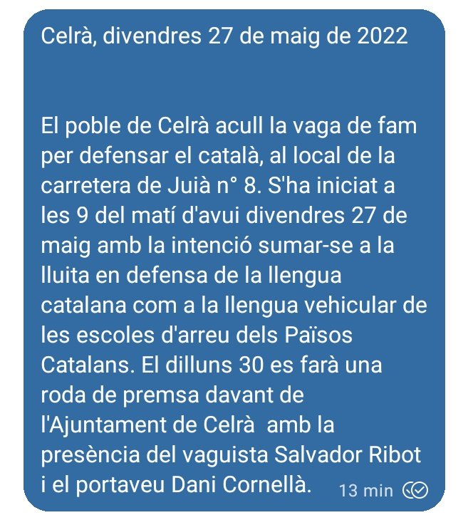 muscluman's tweet photo. Aquest matí a les 9h he començat una #Vagadefampelcatala a Celrà (carretera de Juià 8)

Tip i cansat de la política autonòmica he optat per la desobediència civil per obrir la consciència a la societat de l'importància de defensar l'actual llei de política lingüística del 1982. https://t.co/C9viKLuLdd