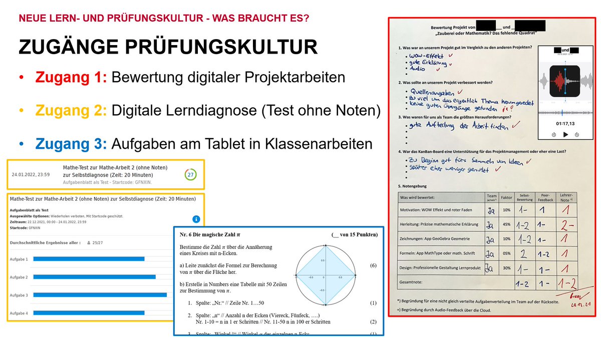 Eine neue Prüfungskultur im Unterricht!
Was davon ist am Gymnasium möglich?
Meine 3 Zugänge: Bewertung Projektarbeit, Lernprozessdiagnose &amp; Tablet-Aufgaben in traditio. Klassenarbeit. 
Mehr dazu: Reiter II) patrickbronner.de/unterricht
Wer aus dem #twlz kann mein Repertoire erweitern?