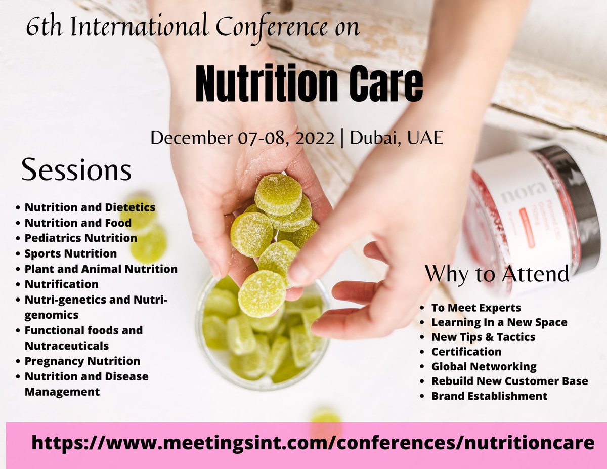 Call_papers's tweet image. Expand the scope of Research &amp;amp; Innovations at 6th International Conference on Nutrition Care.
Date: December 07-09, 2022.
Venue: Dubai, UAE
Visit our website: meetingsint.com/conferences/nu…
Contact us: medical.healthjournal@gmail.com
#nutritioncare #nutrition #sportnutrition