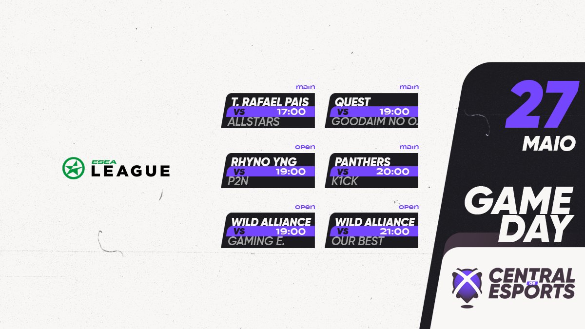 CentralDEsports's tweet photo. HOJE 🏆@ESEA:
17h
🇵🇹@teamrafaelpais vs @allstars_gaming🇷🇴
19h
🇵🇹@RhynoEsports_.YNG vs #P2N🇧🇾
🇵🇹@wild_alliance vs #GamingEvolution🇷🇸
19h30
🇪🇺🇵🇹@questesports_ vs #GoodaimnoOrg🇩🇪
20h
🇵🇹@PantherseSportt vs @k1ckesports🇧🇬
21h
🇵🇹@wild_alliance vs #OurBest🇷🇺
#CDEgameday #CDEesea https://t.co/FZQjn8zTGU