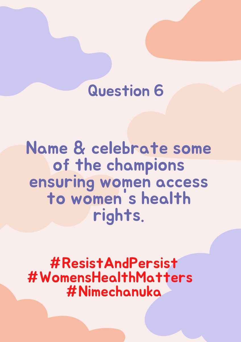 As we finalize, we call upon you to Name and celebrate some of the champions working hard to ensure women access women's health rights.
#ResistAndPersist #WomensHealthMatters #SRHRisEssential
#Nimechanuka
#NenaNaBinti
#BongaNaAuntyJane
Join us!
Make a stand!
Take action!