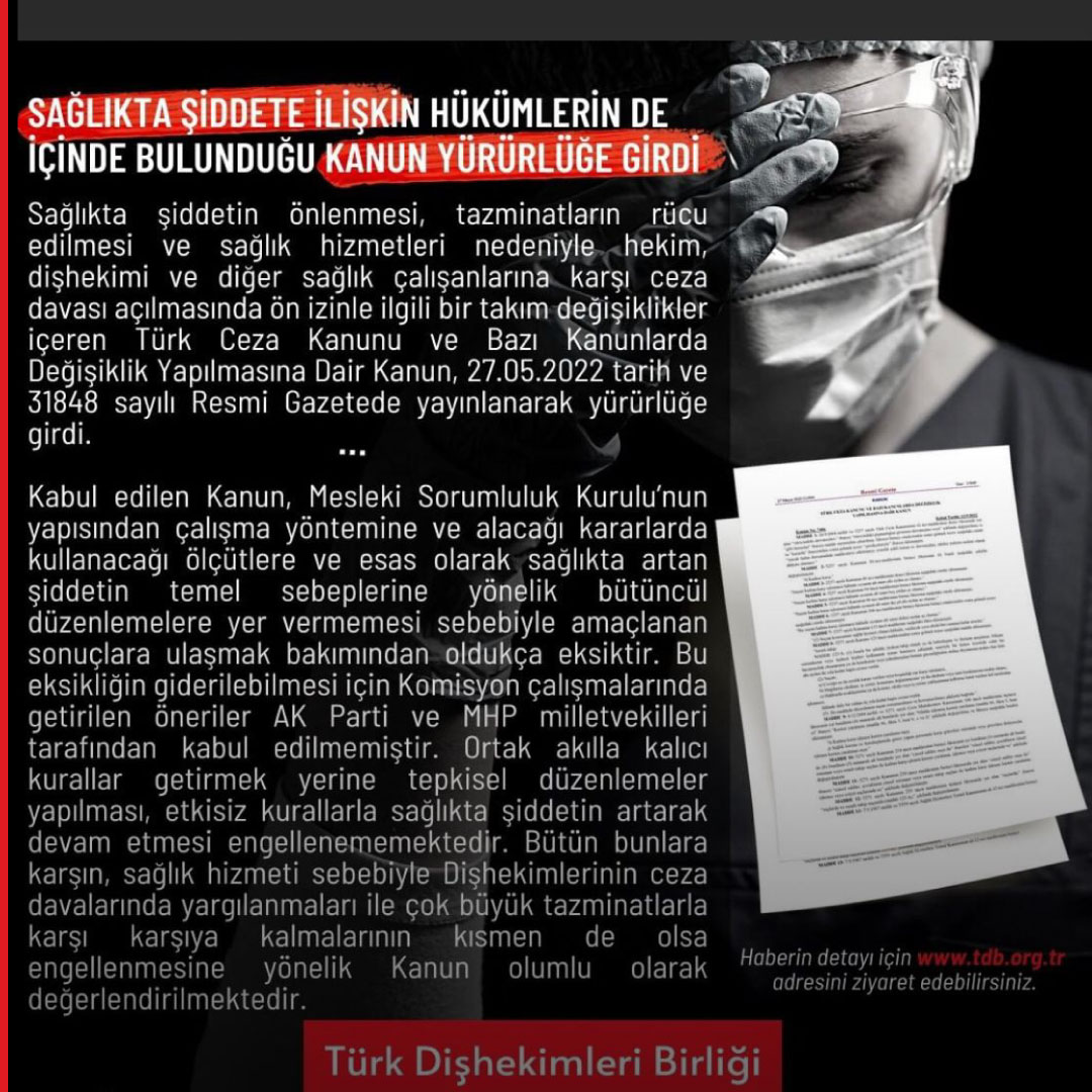 Sağlıkta şiddete ilişkin kanun hükümlerinin de bulunduğu kanun yürürlüğe girdi.
Haberin detayı için:tdb.org.tr