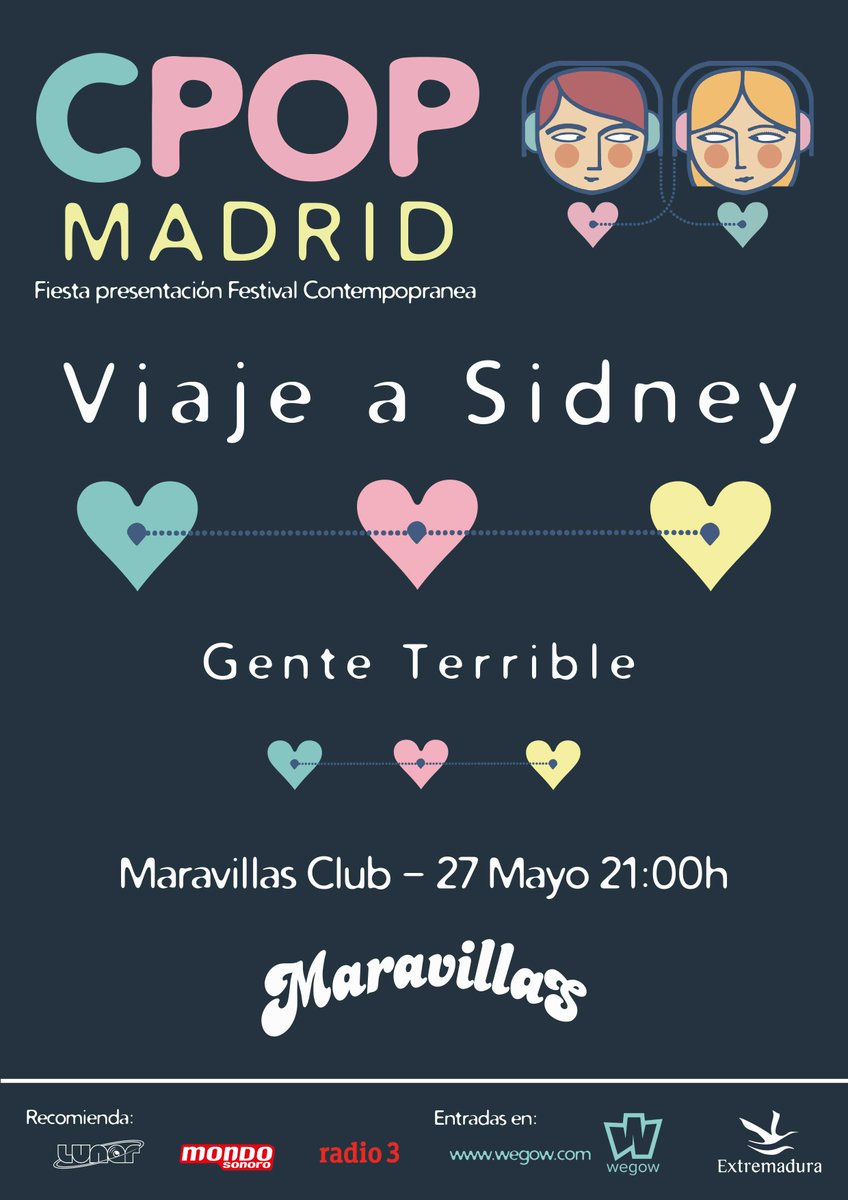 Por fin viernes, así que estamos bien (parte 1).

De 21h a 23h Viaje a Sidney + Gente Terrible.

Fiesta presentación del Festival Contempopránea 2022 con dos conciertos de indie pop, melodías y guitarras.

wegow.com/es-es/conciert…