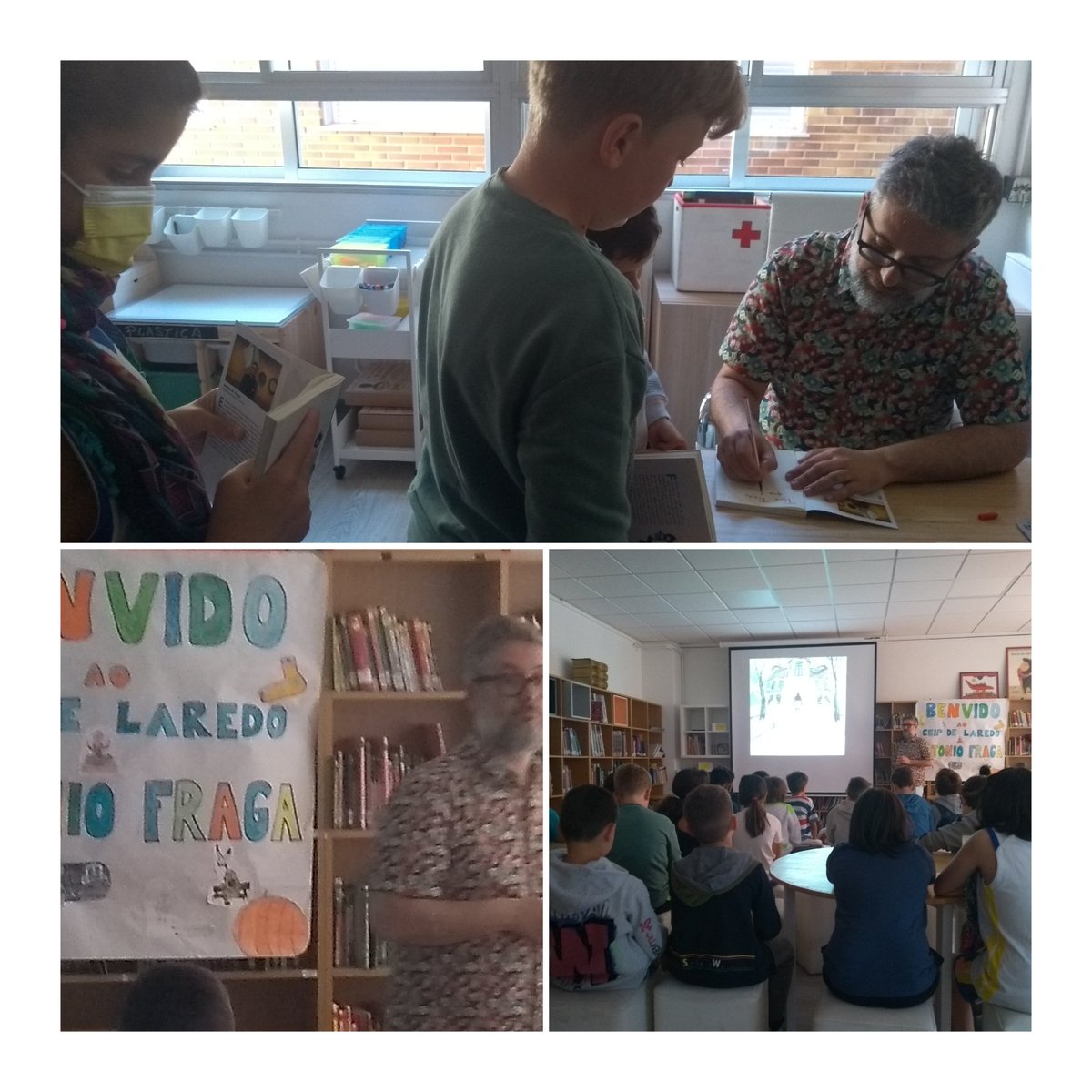 CEIPLAREDO's tweet photo. Grazas Antonio Fraga por escribir esos libros tan divertidos e pola túa visita ao cole de Laredo. #terceirolaredo #cuartolaredo #bibliolaredo #dinamizaciónlaredo https://t.co/uu3uAXeWu3